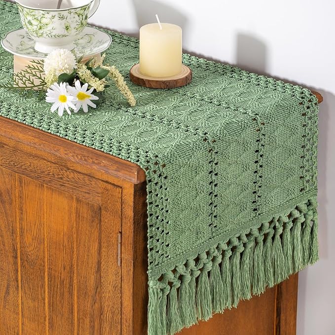 Socomi Sage Green Boho Table Runner Valentine's Day Farmhouse Rustic Dining Kitchen Centerpiece Decor Small Macrame Woven Cotton Linen Coffee Table Runner for Dresser Scarf Home Decor 12x48 inch