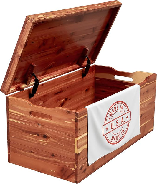 Hope Woodworking Amish Made Wooden Storage Chest Trunk Box with Lid and Handles for Bedroolanket, Clothes, Anti-Slam Hinges, Handmade, Rustic, Cedar Wood, Natural Stain, 42"