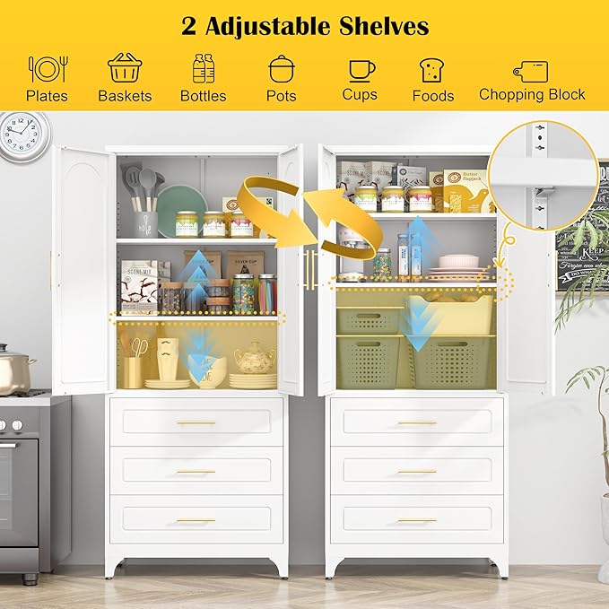 Metal Kitchen Pantry Cabinet with 3 Drawers竊?5 Inch White Food Pantry Cabinets for Kitchen Storage with 2 Adjustable Shelves,Tall Storage Cupboard for Living Room,Dining Room Office