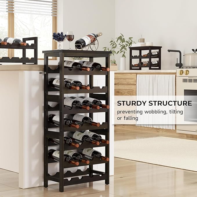 28-Bottle Wine Rack Free Standing Floor, Solid Wood 7-Tier Display Wine Storage Shelves with Tabletop, Wobble-Free Bottle Holder for Cellar Kitchen Bar Dining Room Living Room, Walnut