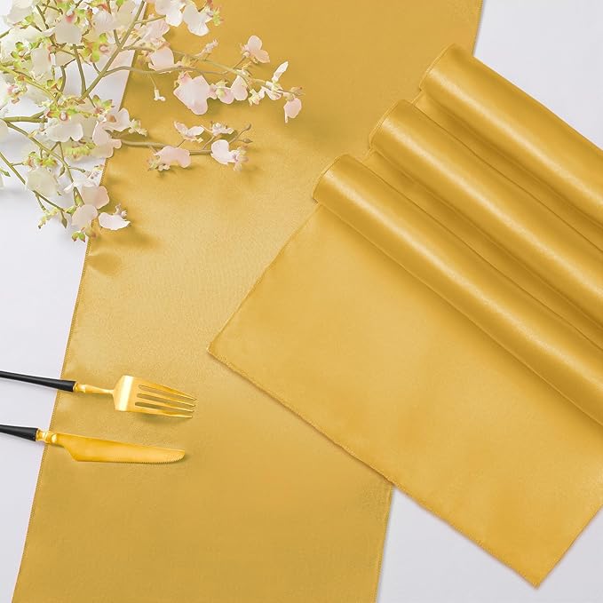 Horbaunal 6 Pack Satin Runners 12 x 72 Inch Bright Silky Smooth Satin Table Runners for Birthday Wedding Party Banquets, Luxury Gold