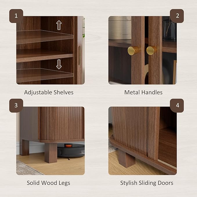 69" Tall Kitchen Pantry Storage Cabinet with Sliding Door, Modern Curved Edge Pantry Storage Cabinet with Glass Door & Adjustable Shelves, Walnut Cupboard for Kitchen, Dining Room, Living Room, Office