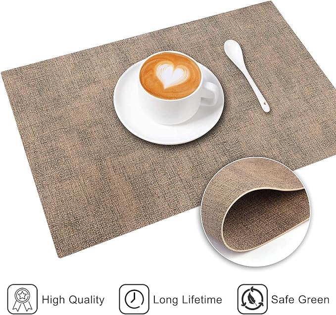 LANDVIEW Leather Heat Resistant Placemats Set of 6 Waterproof Wipeable Washable PU Table Mats,Easy to Clean Anti-Slip Place Mats (Dark Brown, 6)