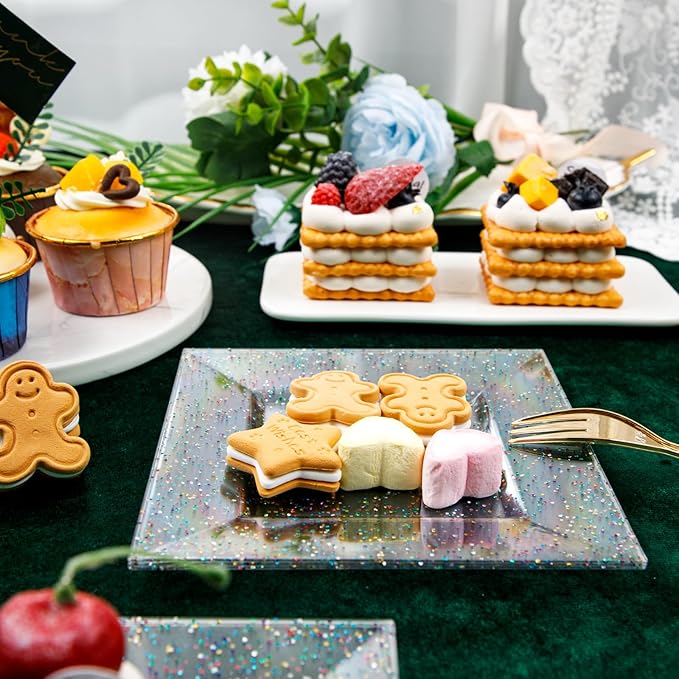 supernal 200pcs Square Plastic Dessert Plates-100pcs Gold Dessert Forks,100pcs 6inch ClearDessert Plates,cocktail plates, Clear Appetizer Plates for Pary Birthday New Year