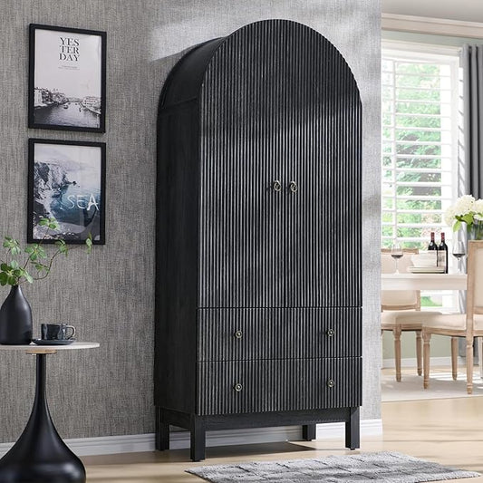 71" Tall Arched Pantry Cabinet, Fluted Kitchen Storage Cabinet with Adjustable Shelves and 2 Large Drawers, Freestanding Morden Versatile Cupboard for Living Room, Bathroom, Dark Gray