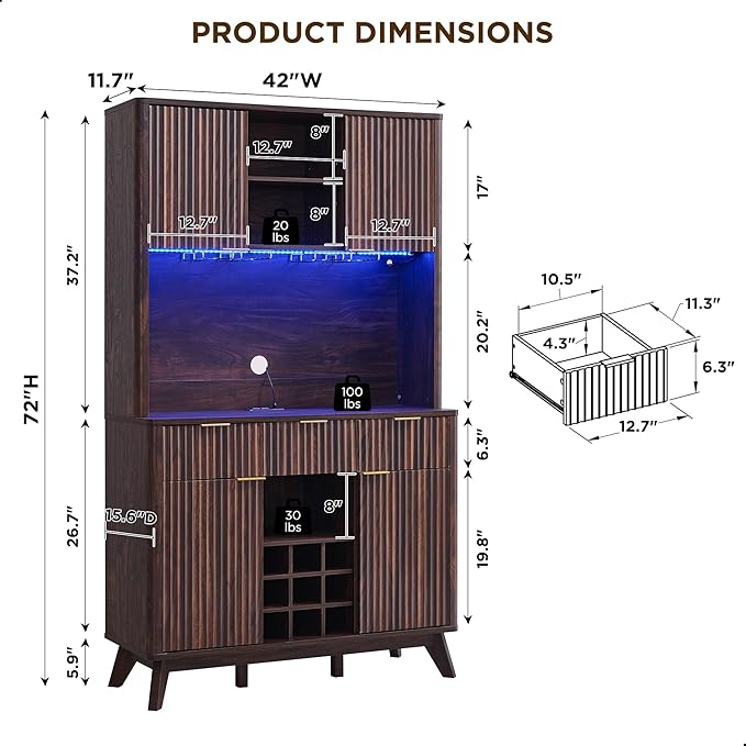 OKD 72" Tall Wine Bar Cabinet with Storage Hutch, Modern Wood Fluted Coffee Bar Cabinet with LED Lights and 10 Tier Storage Shelf & 9 Grid Wine Glass Rack for Home Dining Room Kitchen (Dark Walnut)