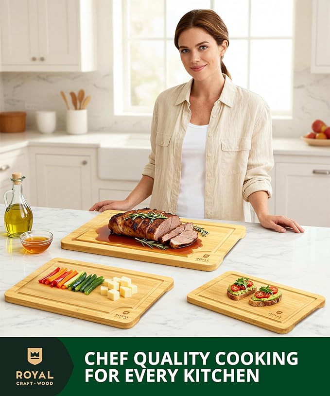 ROYAL CRAFT WOOD Bamboo Cutting Board Gift Set ??3-Piece Reversible Wooden Boards with Deep Juice Groove & Handles ??Premium Charcuterie & Butcher Blocks for Kitchen ??Holiday Gift-Ready Packaging