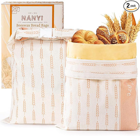 2-Pack Reusable Beeswax Bread Bags for Sourdough & Homemade Bread竊똂otton Waxed Bags Keeps Fresh Longer(Amber Wheat)