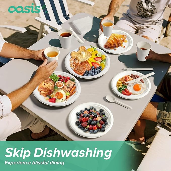 300PCS Disposable Paper Dinnerware Set for 50 Guests, Compostable 50 6??Dessert Plates, 50 9??Plates, 50 Spoons, 50 Forks, 50 Knives and 50 Napkins, Perfect for Gatherings, Parties (White)