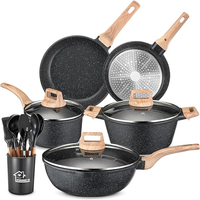 20 Pcs Pots and Pans with Silicone Kitchen Utensils Set Non Stick Cookware Granite Cooking Kitchen Spatula Set with Holder(Black)