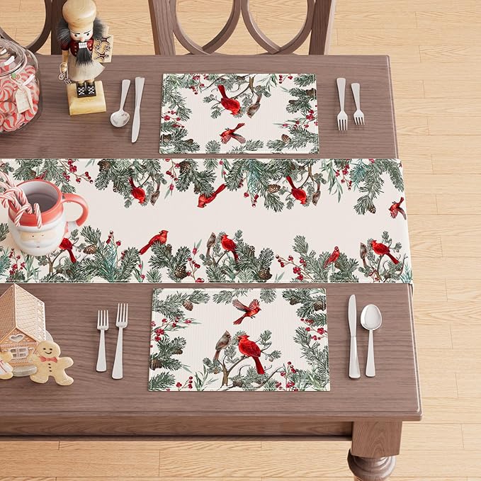 XCHI Cardinal Birds Winter Pine Tree Christmas Xmas Placemats Set of 4 Table Mats for Party Home Kitchen Dining Table Decorations 12x18 Inch