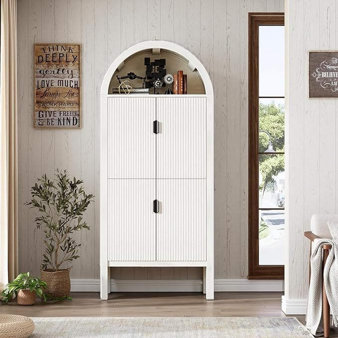 71" Tall Arched Fluted Storage Cabinet - Modern Pantry Cabinet with 4-Tier Shelves, Open Display & Sealed Storage, Accent Sideboard for Living Room Kitchen Dining Room (Antique White)