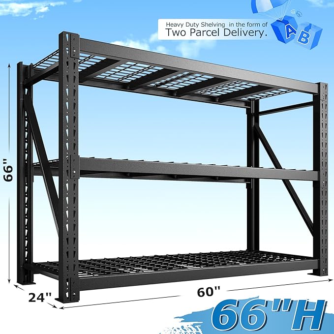 Bepatio 8250LBS Garage Shelving Heavy Duty Storage Shelves Industrial Metal Shelving Adjustable 3-Tier Shelves for Garage, Warehouse Basement 24" D 횞 60" W 횞 66" H