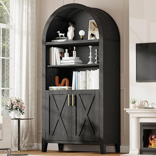 Arched Kitchen Pantry for, 63" Tall Wooden Entryway Storage Cabinet with 2 Doors & 5 Tier Adjustable Shelves, Versatile Farmhouse Hallway Organizer for Entryway, Bedroom, Dining Room
