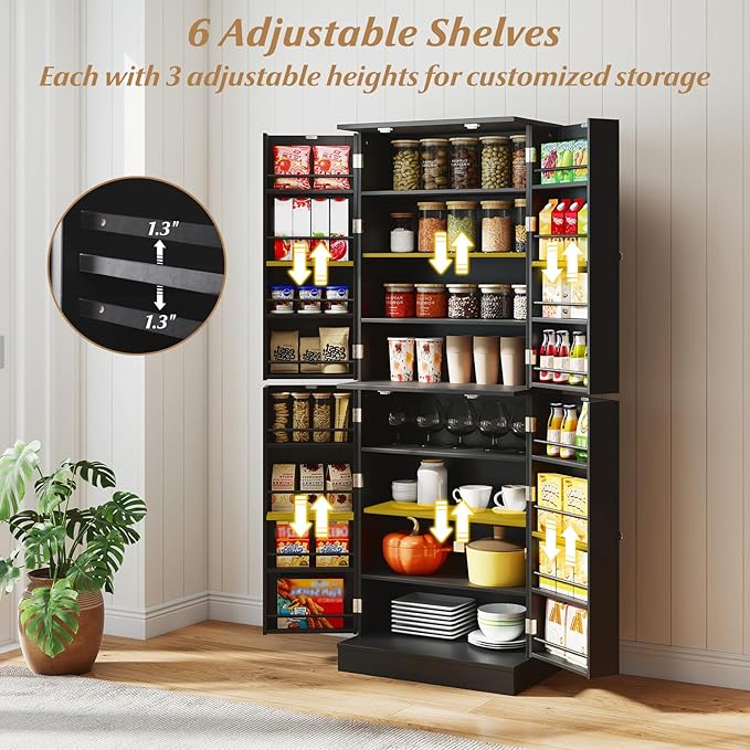 Giantex Kitchen Pantry Cabinet, 65.5" Tall Kitchen Hutch w/8-Tier Storage Cabinet, 16-Tier Door Shelves & Adjustable Shelves, 4-Door Freestanding Buffet Sideboard for Dining Room, Living Room (Black)