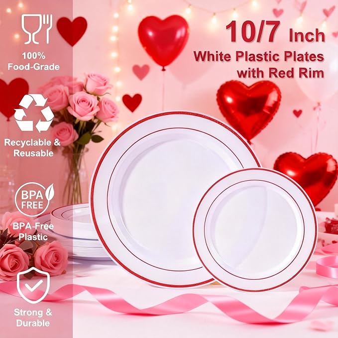 U-QE 100pcs Glitter Red Plastic Plates for Party - White and Red Plates Disposable - Nice Disposable Plates Include 50 10" Dinner and 50 7" Dessert Plate, Perfect for Party, Wedding & Special Moments