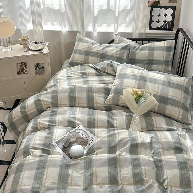 Plaid Queen Comforter Set Geometric Plaid Grid Comforter Set Fluffy Microfiber Bedding Comforter Farmhouse Checkered Comforter Set for All Season 3 Piece Plaid Bedding Comforter Set Queen Size Set