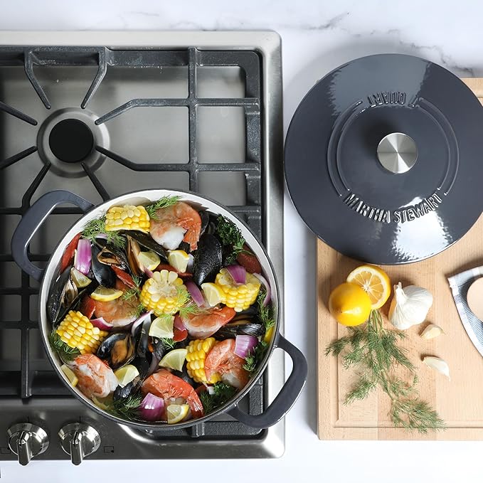 Martha Stewart Gatwick 7 QT Enamel Cast Iron Dutch Oven ??Gray, Durable Heavy-Duty Dutch Oven for Slow Cooking, Braising, and Baking
