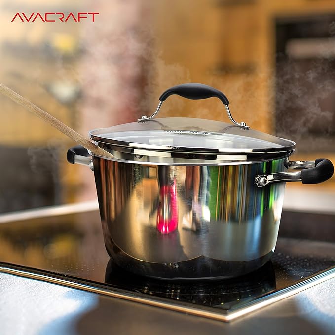 AVACRAFT 18/10 Tri-Ply Stainless Steel Dutch Oven, Chef?셲 Pan with Glass Lid, Induction Compatible, Multipurpose Stock Pot, 5 Quart