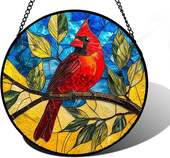 Stained Glass Window Hanging, Blue Sky Cardinal Sun Catchers Colorful Glass Panel Red Birds Suncatcher Decor for Birthday for Women, Men, Wife, Aunt, and Mom 9.8 in
