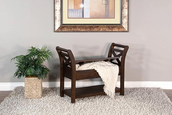 Empire USA Rustic Storage Bench, Mahogany Wood with Lower Shelf (Tobacco Leaf Finish)