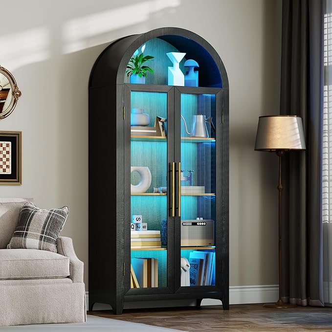 Vlsrka 71" Arched Storage Cabinet with Doors, Display Cabinet with LED Light & Human Sensor, 5-Tier Display Cases for Collectibles, Curio Cabinet with Ajustable Shelf for Living Room(Black+Wood)