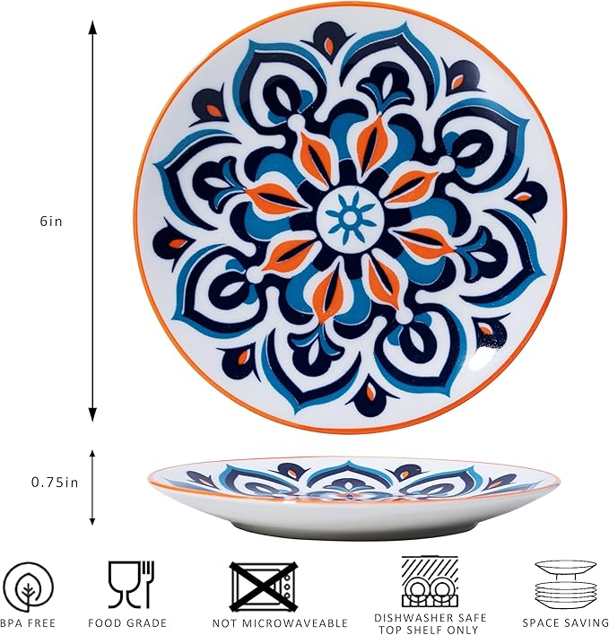 LEHAHA Porcelain Appetizer Plates Set of 6, 6 Inch Small Ceramic Dessert Plates, 6-Piece Floral Round Plates for Salad, Appetizer, Snack, Microwave & Dishwasher Safe