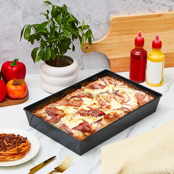 RimCereal 2 Pcs Detroit Style Pizza Pan 10 x 14 x 2.36 Inch Non Stick Rectangle Deep Pizza Pans Pre Seasoned Carbon Steel Sicilian Style Pan Dish Bakeware Kitchenware