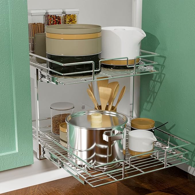 LOVMOR 2 Tier Individual Pull Out Cabinet Organizer 12쩍" W x 21쩍" D, Slide Out Kitchen Cabinet Storage Sliding Shelves