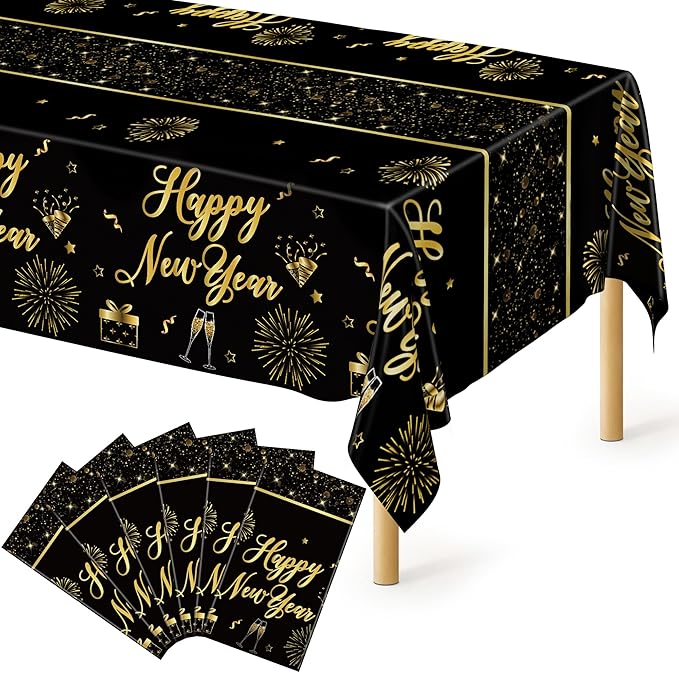 6 Pcs Happy New Year Tablecloth, 108" x 54" Rectangle Table Covers for New Years Eve Party Supplies, Black and Gold Firework Nye Tablecover 2026, Holiday Table Cover for NYE Party Supplies 2026 Decor