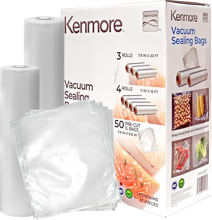Kenmore Vacuum Sealer Bags - Food Sealing Plastic Rolls 3-8x10, 4-8x20, 11x16 size bolsas, Airtight Packaging Fresh Vegetable, Sous Vide & Meat Storage For Travel, BPA Free Heavy Duty Precut Bags