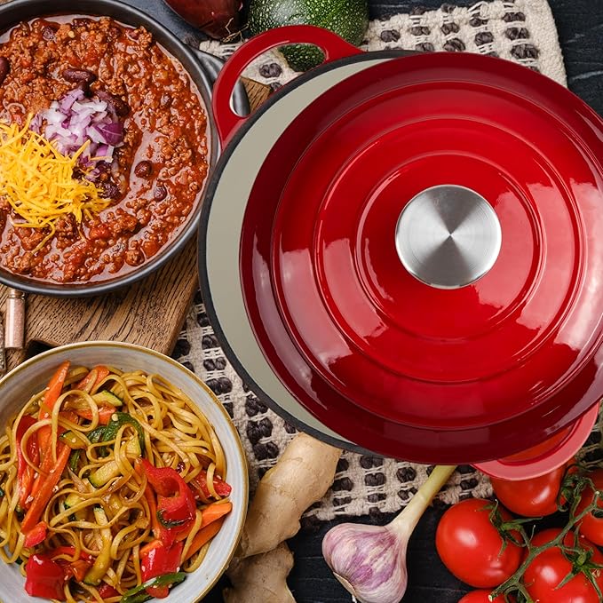 6 Quart Dutch Oven Enameled Cast Iron with Lid - Big Dual Handles - Oven Safe up to 500째F - Classic Round Pot for Versatile Cooking (Red, 6 QT)