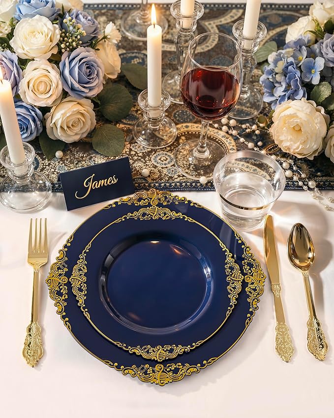 Nervure 350Pcs Blue Plastic Plates - Blue Gold Plastic Dinnerware Sets for 50 Guests - 100 Gold Disposable Plates, 50 Pre Rolled Silverware, 50 Cups Perfect for Wedding & Party & Independence