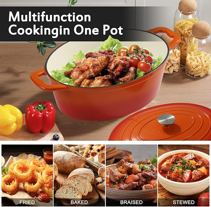 Enameled Oval Dutch Oven Pot with Lid, 8 QT Cast Iron Dutch Oven with Dual Handles for Cooking, Bread Baking, Frying, Non-stick Enamel Coated Oven (8 QT Orange)