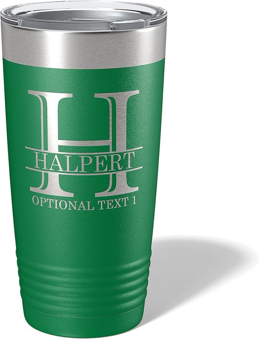 Personalized 20oz (17 Colors) Powder Coated Insulated Stainless Steel Tumbler with Lid, Custom Etched, Customized Engraved Gift Idea for Women Men Her Him, Halpert Monogram Initial Name (Green)