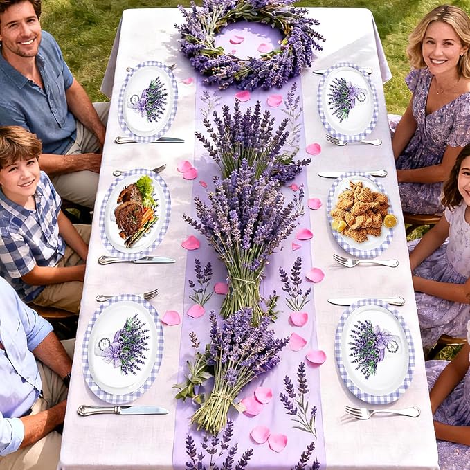 50 Pcs Purple Lavender Gingham Oval Paper Plates 10" x 12" Large Disposable Spring Purple Lavender Floral Heavy Duty Paper Platters Lavenders Theme Plates for Wedding Baby Shower Party Supplies