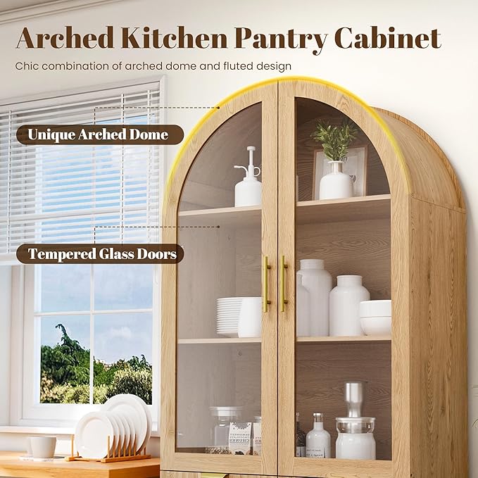 Pamapic 71" Tall Arched Cabinet, Fluted Kitchen Pantry with Glass Doors & Adjustable Shelves, Arch China Storage Cabinet, Wooden Pantry for Dining Room, Living Room (Natural)