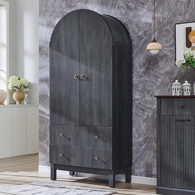 71" Tall Arched Pantry Cabinet, Fluted Kitchen Storage Cabinet with Adjustable Shelves and 2 Large Drawers, Freestanding Morden Versatile Cupboard for Living Room, Bathroom, Dark Gray