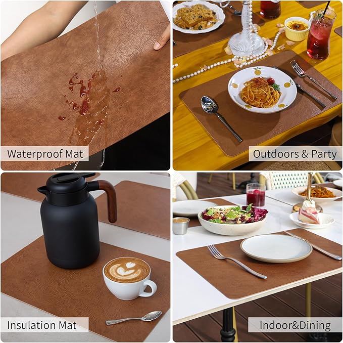 EDanle Cowhide Pattern Faux Leather Placemats Set of 4,Heat Resistant Non-Slip Waterproof Wipeable Washable Kitchen Dining PU Table Place Mats,Double-Sides Available,Dark Coffee