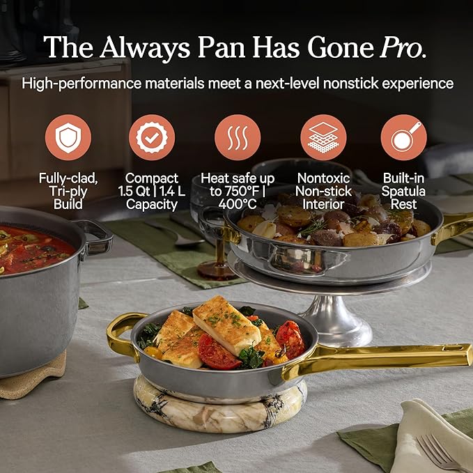 Our Place Mini Titanium Always Pan Pro | 8.5" PFAS-Free Nonstick Frying Pan with Spatula | Chef-Grade Tri-Ply Stainless Steel & Aluminum Build | Induction & Oven-Safe up to 750째F | Gold