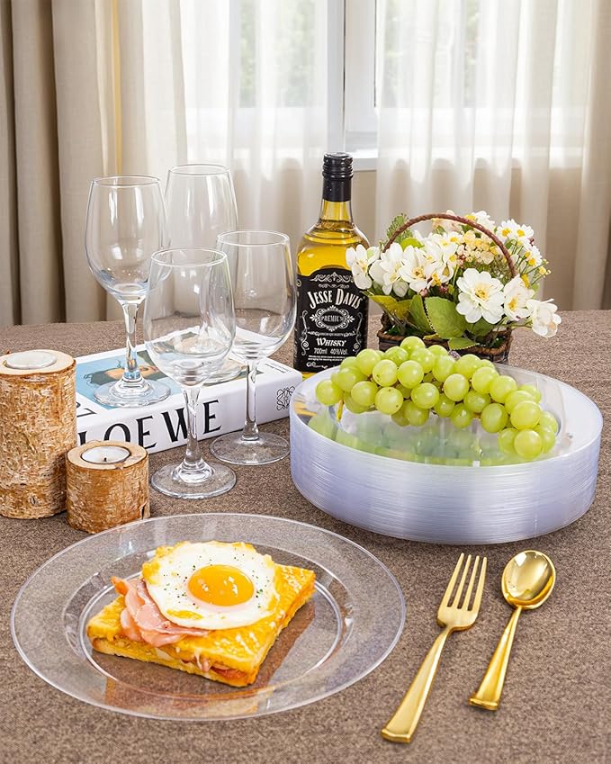 bUCLA 100Pieces Clear Plastic Plates -10.25inch Disposable Dinner Plates- Premium Weddings& Party Plates
