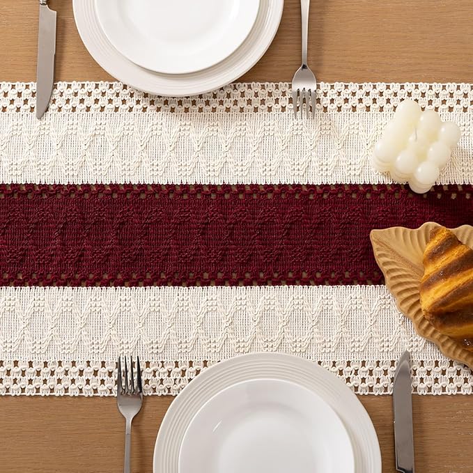 Socomi Boho Table Runner Valentine's Day Farmhouse Rustic Dining Kitchen Centerpiece Decor Small Macrame Woven Cotton Linen Coffee Table Runner for Dresser Scarf Home Decor 12x60 in Burgundy Ivory