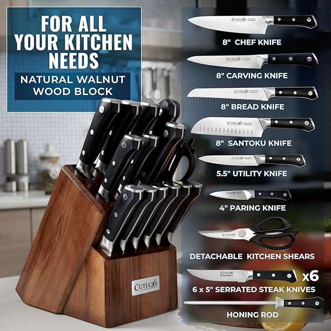 Cutluxe 15-Piece Knife Set ??High Carbon German Steel Blades, Full Tang Design & Ergonomic Pakkawood Handles in Walnut Wood Block ??Artisan Series