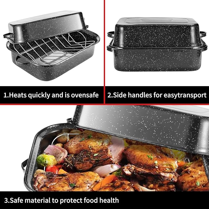 Roasting Pan with Rack, 21??Rectangular Granite Roaster Pan, 25lb Capacity, Large Roaster Pot for Baking Turkey with Versatile Lid