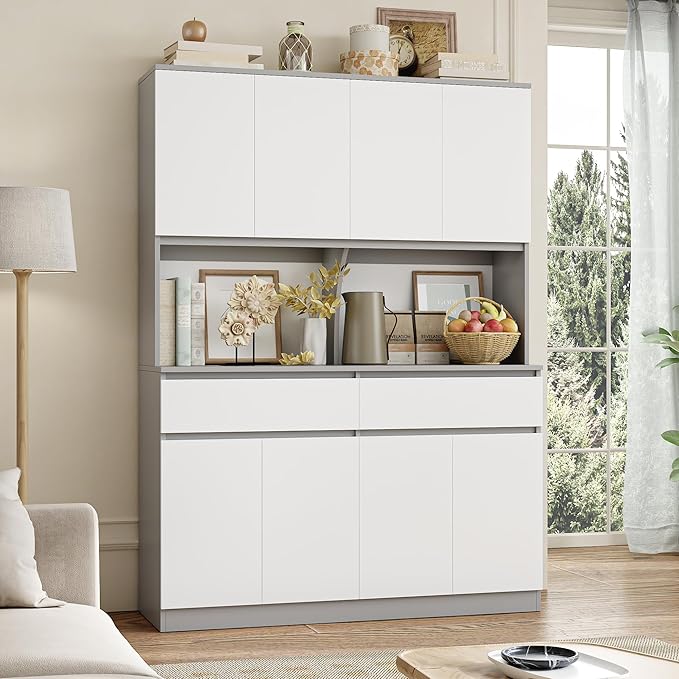 Keyluv 75" H LED Kitchen Pantry Cabinet with Doors, Large Kitchen Hutch Storage Cabinet with Drawers and Lights, Food Pantry with Microwave Stand and Coffee Bar, Adjustable Shelves, White/Gray