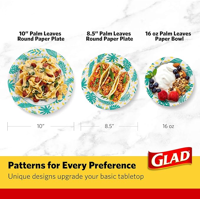 Glad Round Disposable Paper Plates, Palm Leaves Pattern - Strong, Sturdy, Soak Proof, and Microwavable Decorative Plates for Dinner and Everyday Use, 8.5 Inch, 50 Count