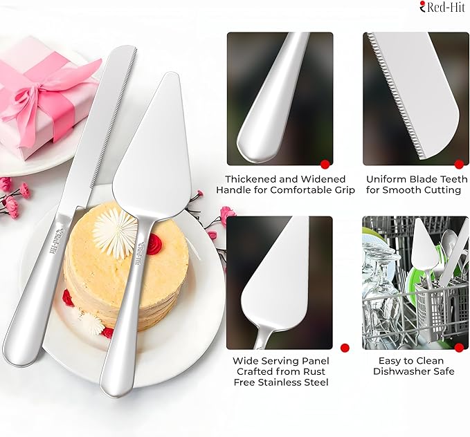 Elegant Silver Cake Knife and Server Set, Extra Thick Stainless Steel Cake Cutter and Cake Server with Bonus Forks & White Bows, Cake Cutting Set for Wedding, Birthday and Christmas Celebrations