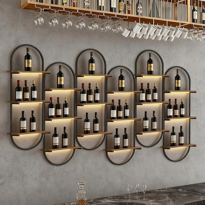 Wall Mounted Wine Rack, Black Industrial Floating Shelves, 3-Tier Bottle Display Glass Holder, for Home Bar Dining Room, Kitchen, Living Room (Black, 1PCS)
