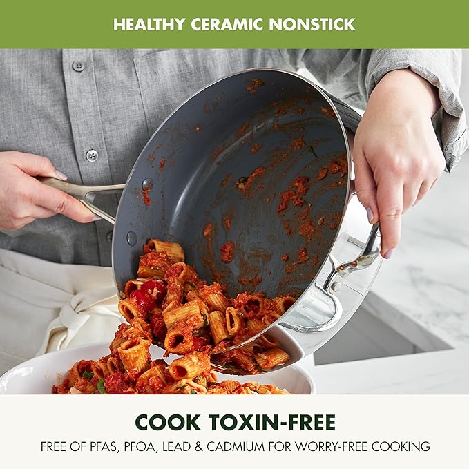 GreenPan Valencia Pro Tri-Ply Stainless Steel 5QT Saut챕 Pan with Lid, Ceramic Nonstick PFAS-Free Coating, Multi Clad Cookware, Induction, Dishwasher Oven and Broiler Safe