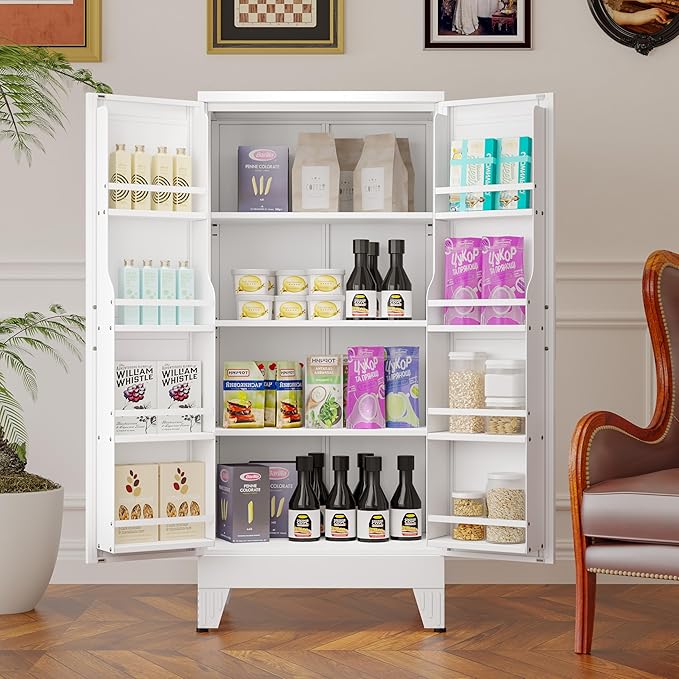 Metal Kitchen Pantry Cabinet, Storage Cabinets with 2 Door and 3 Adjustable Shelves, White Freestanding Food Storage Cabinet, Steel Cupboard for Kitchen Dinning Room